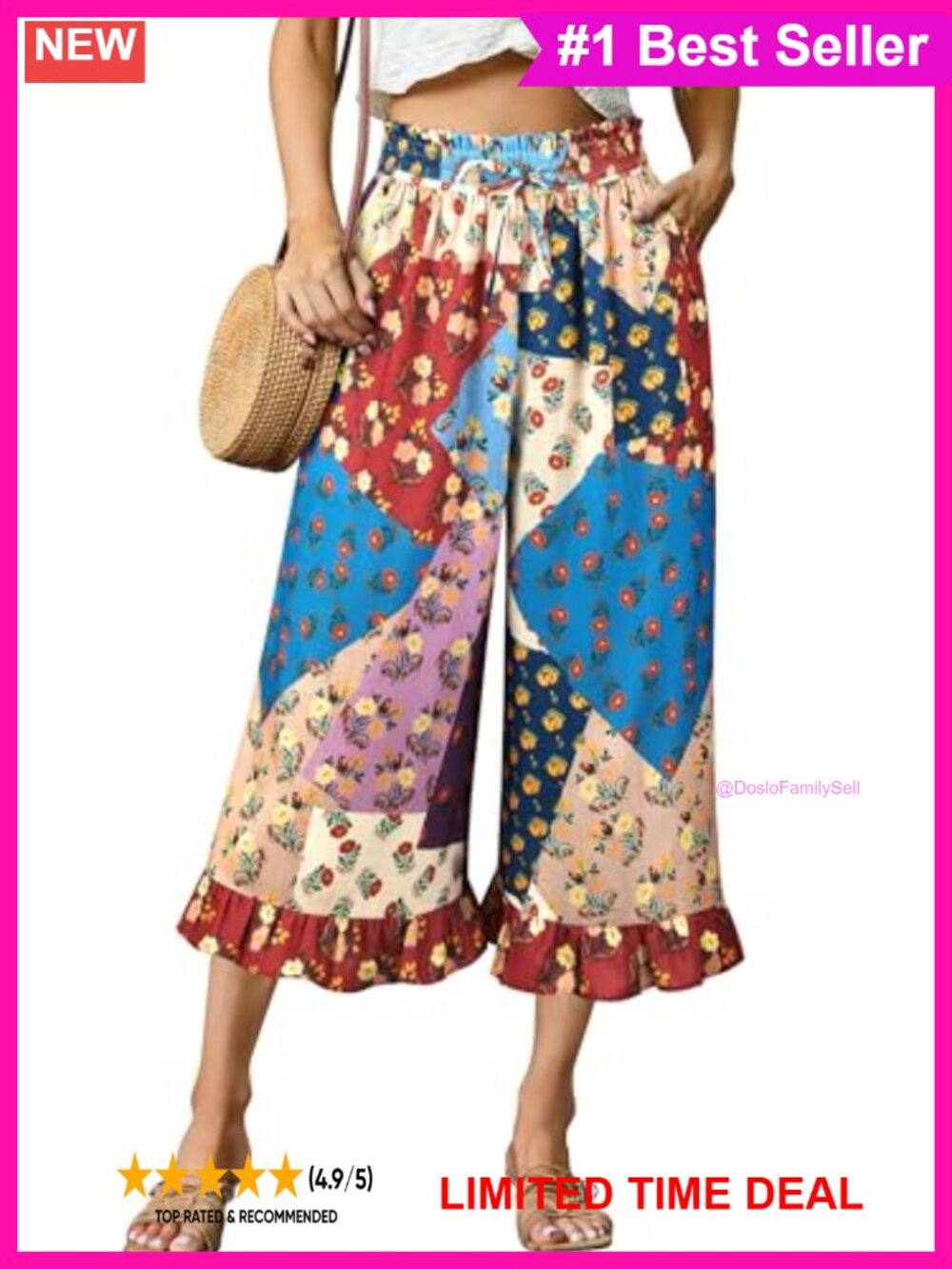 Wide Leg Palazzo Capri Pants Boho Paisley Flowy Cropped Summer Beach